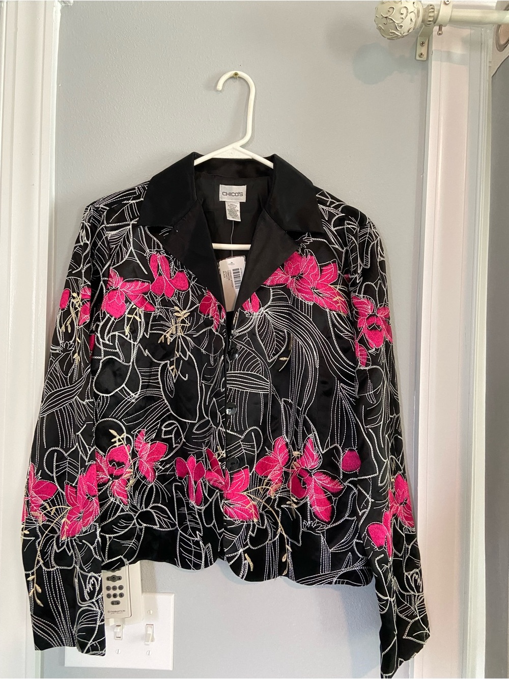 NWT Chico's Black Jacket with Bright Pink Floral Embroidery